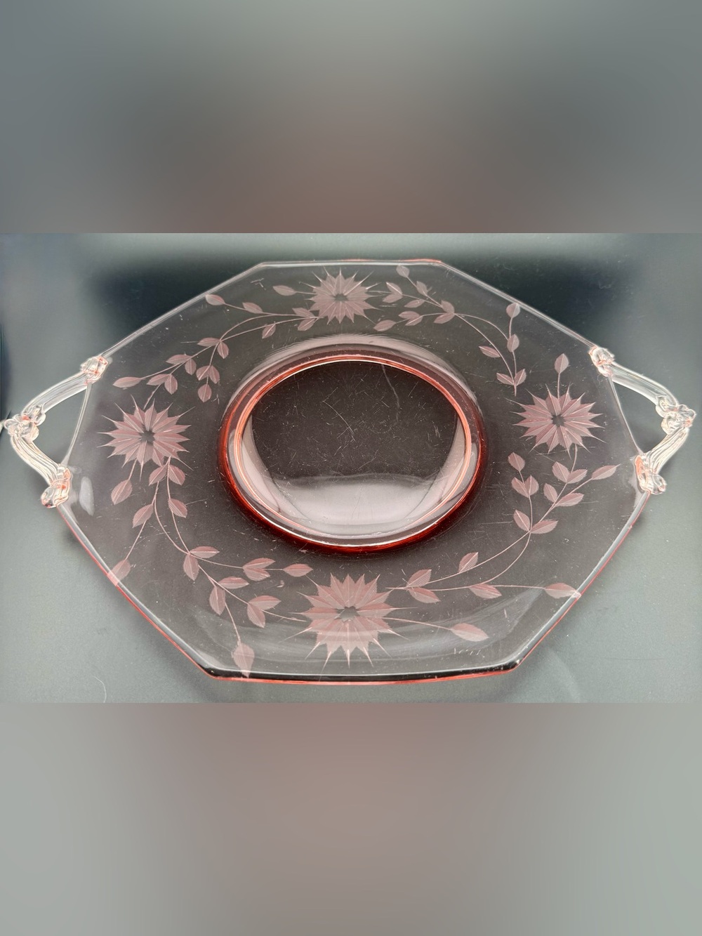 Pink Depression glass platter  13.25”